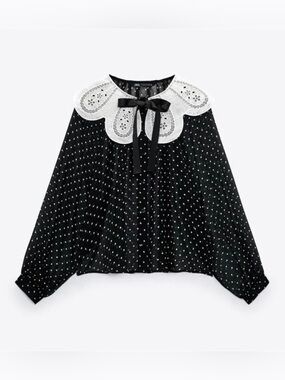 ZARA | Polka Dot Blouse with White Lace Collar & Self Tie Ribbon